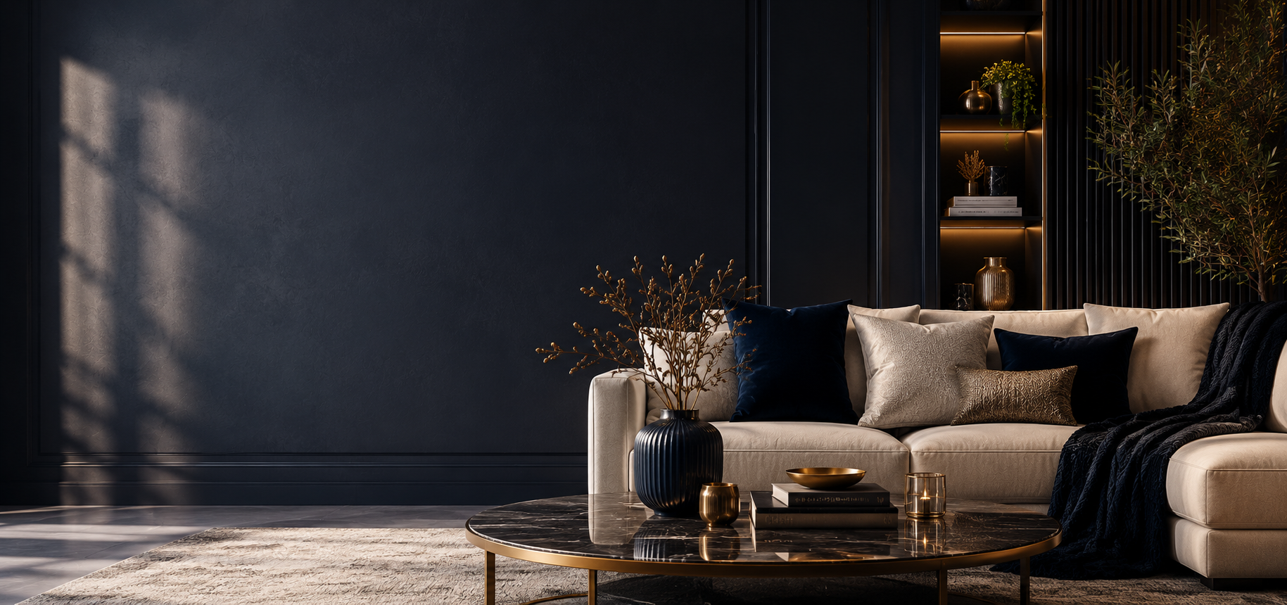 Modern living room with a beige sofa, coffee table, and decorative items against a dark wall.